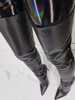Cuissardes à Talons Hauts Femme avec Bout Pointu à Zip en Cuir Synthétique Unicolore