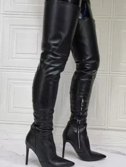 Cuissardes à Talons Hauts Femme avec Bout Pointu à Zip en Cuir Synthétique Unicolore