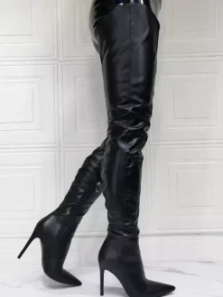 Cuissardes à Talons Hauts Femme avec Bout Pointu à Zip en Cuir Synthétique Unicolore