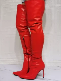Cuissardes à Talons Hauts Femme avec Bout Pointu à Zip en Cuir Synthétique Unicolore