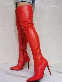 Cuissardes à Talons Hauts Femme avec Bout Pointu à Zip en Cuir Synthétique Unicolore