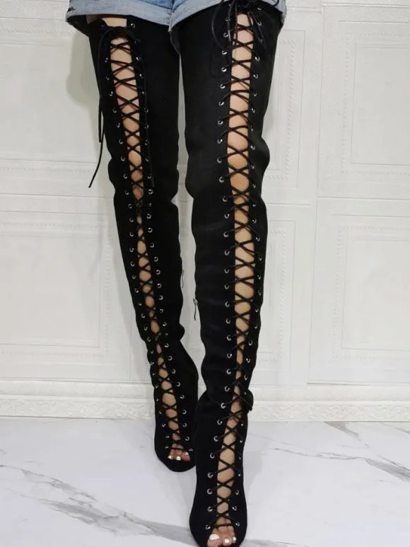 Cuissardes à talons hauts à lacets pour femmes en daim noir