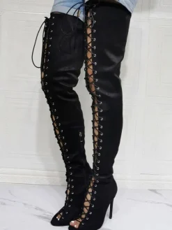 Cuissardes à talons hauts à lacets pour femmes en daim noir