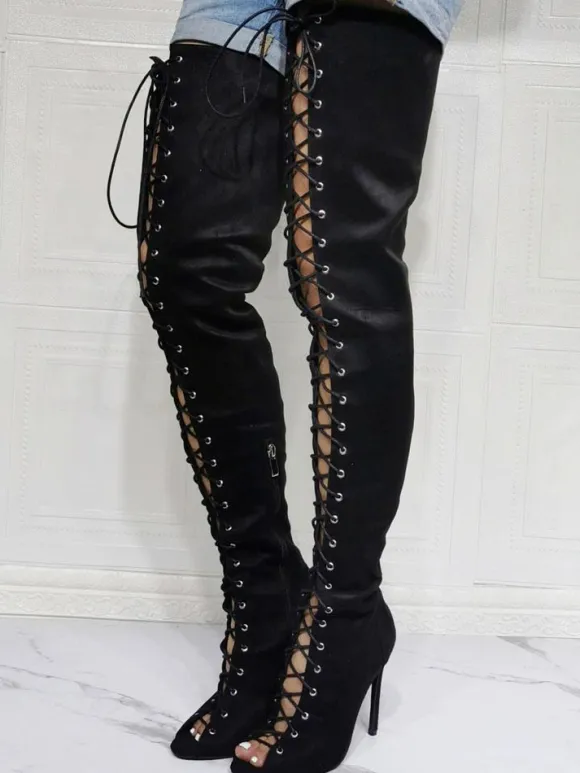 Cuissardes à talons hauts à lacets pour femmes en daim noir