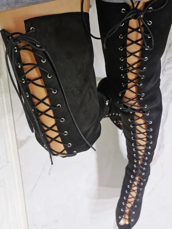 Cuissardes à talons hauts à lacets pour femmes en daim noir
