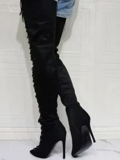 Cuissardes à talons hauts à lacets pour femmes en daim noir