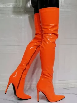 Cuissardes à talons hauts pour femmes en cuir verni brillant orange
