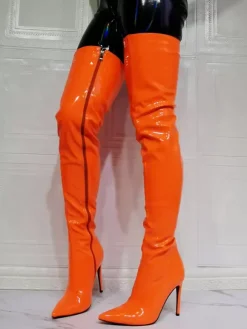 Cuissardes à talons hauts pour femmes en cuir verni brillant orange
