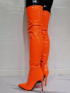 Cuissardes à talons hauts pour femmes en cuir verni brillant orange