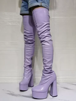 Cuissardes violettes sexy à plateforme et talon bloc au dessus du genou