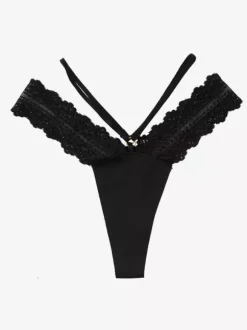 Culotte string à fines bretelles et décolleté en V ornée de dentelle