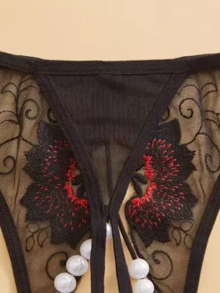 Culotte string en dentelle noire transparente avec perles et perles lingerie féminine