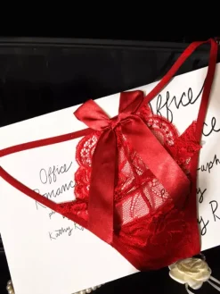 Culotte string en dentelle transparente à gros n艙ud et fines bretelles latérales