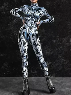 Cyberpunk Combinaison zentai à motifs combinaison pour femme veinée argent-blanc combinaison texturée imprimée en 3D effet métallisé brillant