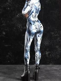 Cyberpunk Combinaison zentai à motifs combinaison pour femme veinée argent-blanc combinaison texturée imprimée en 3D effet métallisé brillant