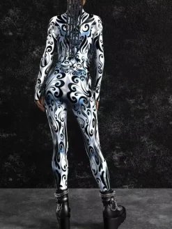 Cyberpunk Combinaison zentai à motifs combinaison pour femme veinée argent-blanc combinaison texturée imprimée en 3D effet métallisé brillant