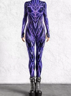Cyberpunk Combinaisons Zentai à motifs Purple Vein Circuit Body pour femme Combinaison moulante à motif biotechnologique imprimé 3D