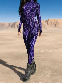 Cyberpunk Combinaisons Zentai à motifs Purple Vein Circuit Body pour femme Combinaison moulante à motif biotechnologique imprimé 3D