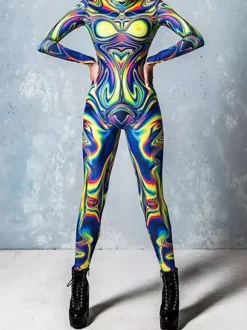 Cyberpunk Combinaisons zentai motifs Halloween Costumes de cosplay pour femmes combinaison sexy couleur élément bleu body d'Halloween pour adultes combinaison de sport taille haute