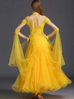 Danse de salon robe volants de Tulle jaune hors le Costume de danse de salon épaule Déguisements Halloween