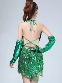 Danse Latine Costume Robes Rouge Femmes Sequin Glands Halter Court Sexy Danse Déguisements Halloween