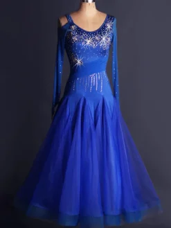 Danse de salon Organza robe bleu Royal Scoop cou Long Sleee Bodycon découper de Costume de danse de salon Swing Pleatred Flare Déguisements Halloween