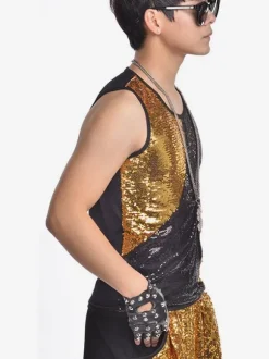 Danse Jazz Costume Gilet Hommes Paillettes Sequin Noir Or Danse Haut Déguisements Halloween