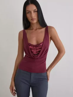 Débardeur à bretelles fines à col bénitier et sequins bordeaux décontracté pour femmes