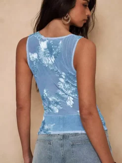 Débardeur abricot à épaules dénudées en tulle brodé style décontracté pour femme