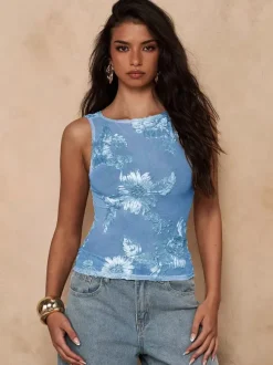 Débardeur abricot à épaules dénudées en tulle brodé style décontracté pour femme
