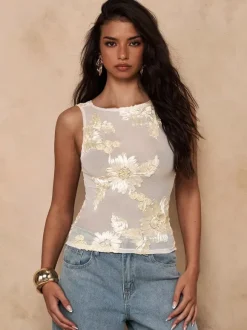 Débardeur abricot à épaules dénudées en tulle brodé style décontracté pour femme