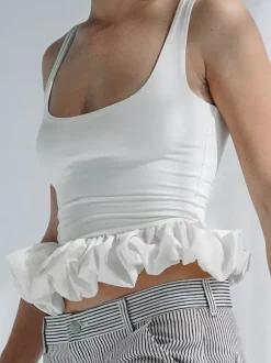 Débardeur blanc à col en U volants et dos nu chic pour femmes
