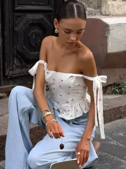 Débardeur blanc à col rond et volants bretelles fines en coton sexy pour femme