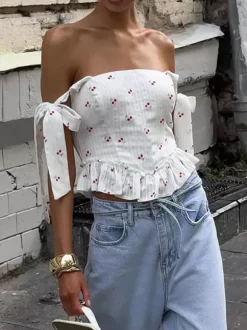 Débardeur blanc à col rond et volants bretelles fines en coton sexy pour femme