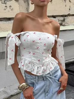 Débardeur blanc à col rond et volants bretelles fines en coton sexy pour femme