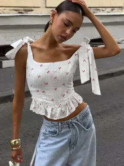 Débardeur blanc à col rond et volants bretelles fines en coton sexy pour femme