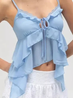 Débardeur bleu à bretelles col asymétrique chic pour femmes