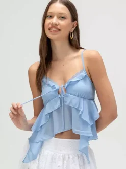 Débardeur bleu à bretelles col asymétrique chic pour femmes