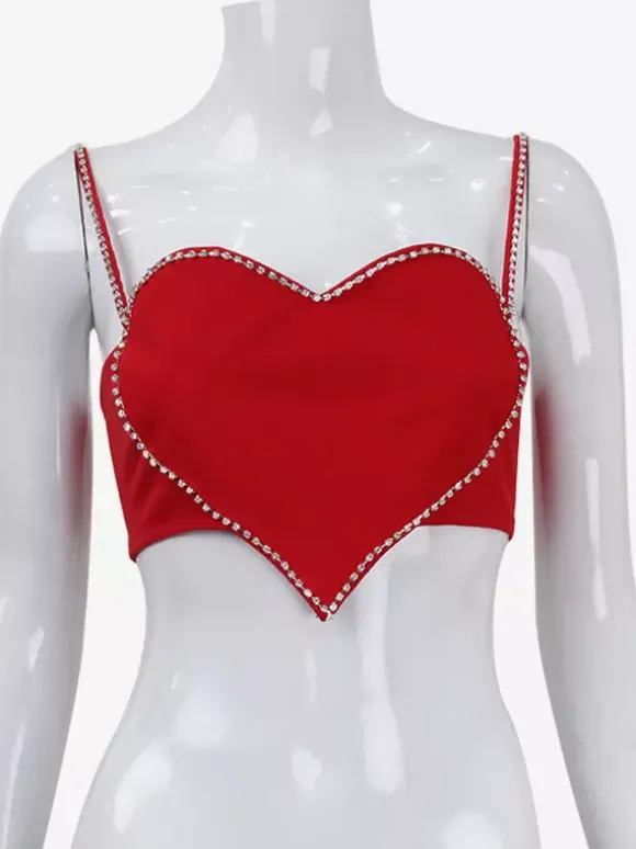 Débardeur court en forme de c艙ur pour femme - Camisole rouge strass style années 2000 - Club des festivals d'été 2026