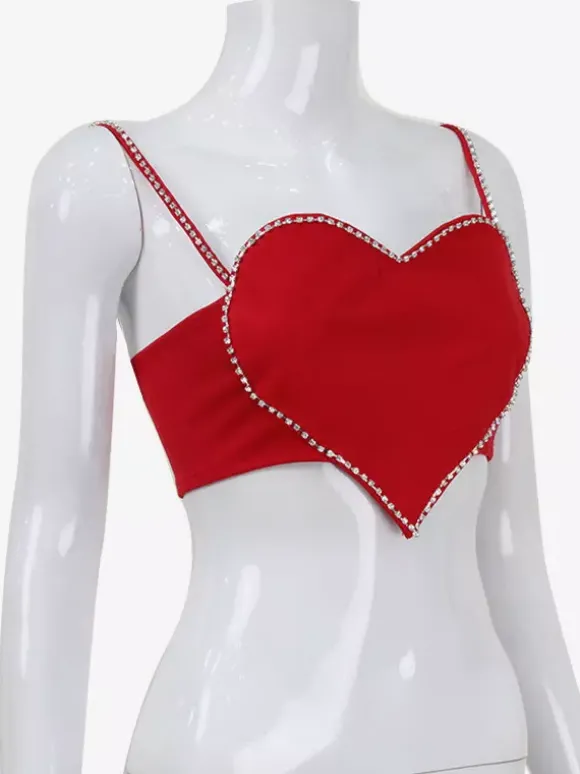 Débardeur court en forme de c艙ur pour femme - Camisole rouge strass style années 2000 - Club des festivals d'été 2026