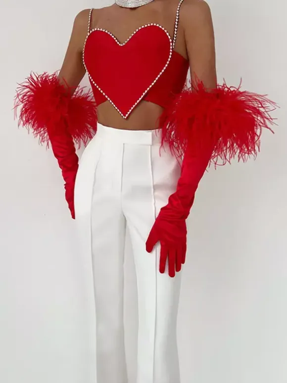 Débardeur court en forme de c艙ur pour femme - Camisole rouge strass style années 2000 - Club des festivals d'été 2026