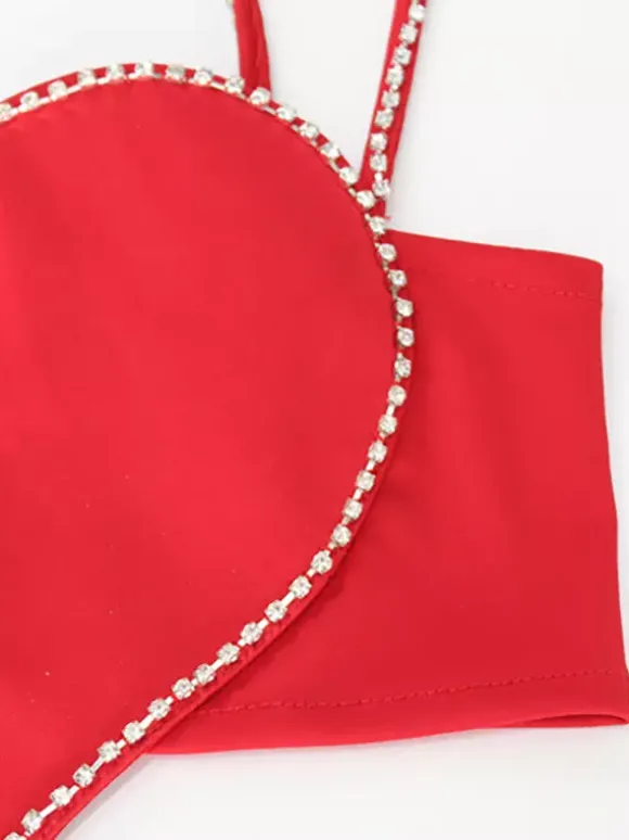 Débardeur court en forme de c艙ur pour femme - Camisole rouge strass style années 2000 - Club des festivals d'été 2026
