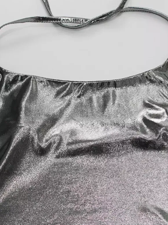 Débardeur dos nu métallisé pour femme - Débardeur asymétrique argenté sexy fendu sur le côté - Soirée en boîte de nuit d'été 2026