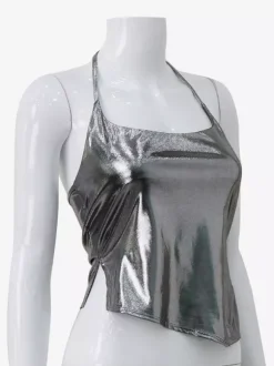 Débardeur dos nu métallisé pour femme - Débardeur asymétrique argenté sexy fendu sur le côté - Soirée en boîte de nuit d'été 2026