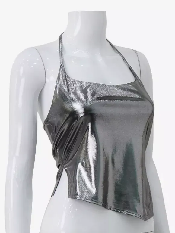Débardeur dos nu métallisé pour femme - Débardeur asymétrique argenté sexy fendu sur le côté - Soirée en boîte de nuit d'été 2026