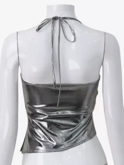 Débardeur dos nu métallisé pour femme - Débardeur asymétrique argenté sexy fendu sur le côté - Soirée en boîte de nuit d'été 2026