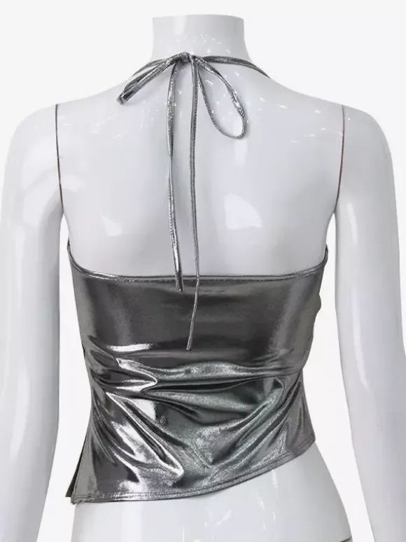 Débardeur dos nu métallisé pour femme - Débardeur asymétrique argenté sexy fendu sur le côté - Soirée en boîte de nuit d'été 2026