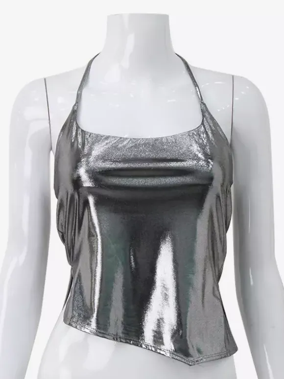 Débardeur dos nu métallisé pour femme - Débardeur asymétrique argenté sexy fendu sur le côté - Soirée en boîte de nuit d'été 2026