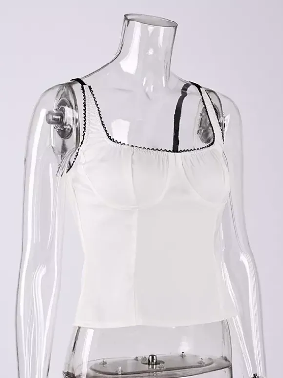 Débardeur noir à col carré plissé style décontracté pour femme été