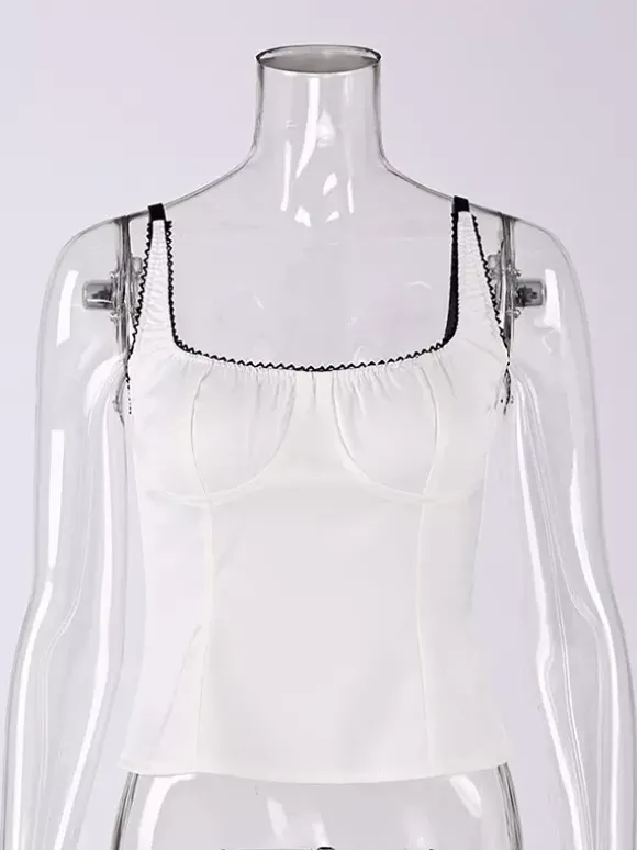 Débardeur noir à col carré plissé style décontracté pour femme été